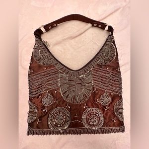 Chocolate satin beaded hono handbag | medium size